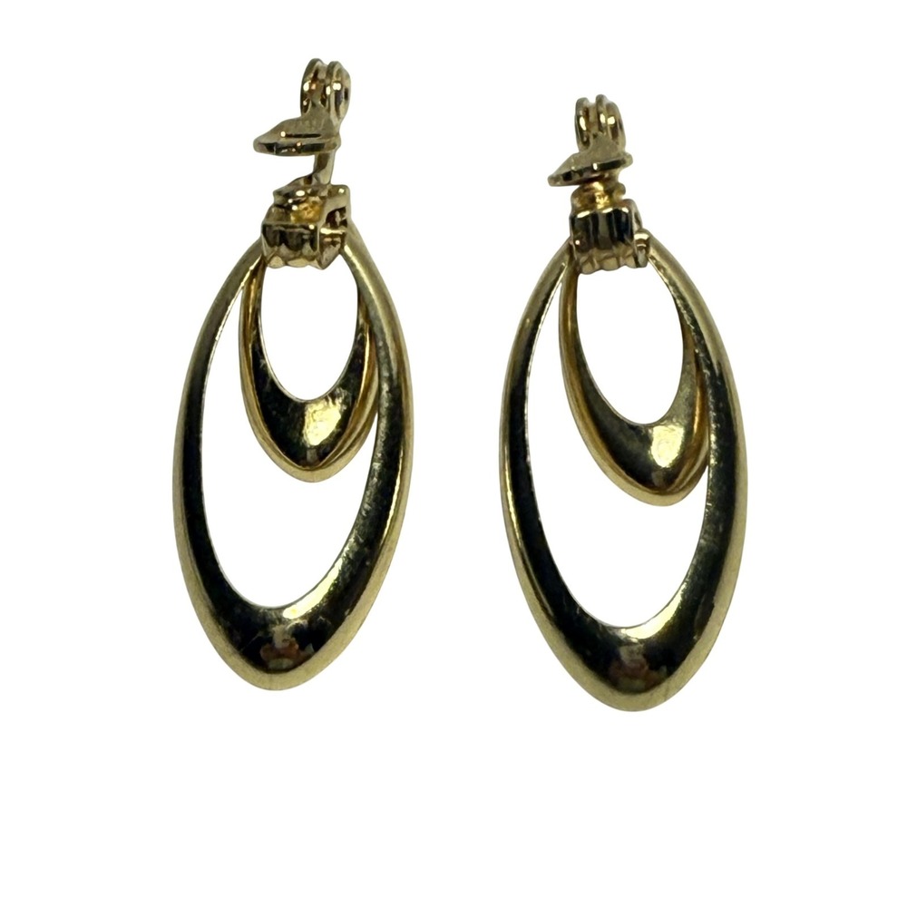 HAN Gold Tone Double Oval Clip-On Dangle Earrings 2 Inch Retro Statement Jewelry